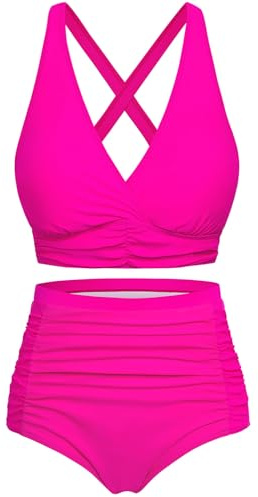Voqeen Womens Bikini Sets High Waisted 2 Piece Swimsuit Padded Push Up Bikini Top & Bottoms Tummy Control Ruched Bathing Suits Vintage Halter Swimming Costume Beachwear Ladies Swimwear Pink