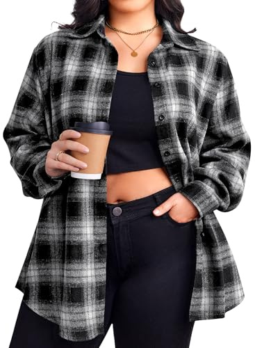 Zeagoo Womens Plus Size Flannel Shirts Button Down Plaid Shirts Long Sleeves Collared Casual Shacket Tops Black
