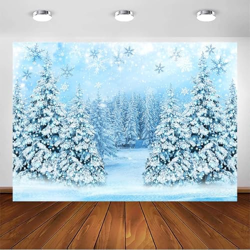 Avezano Toile de fond de Noël d'hiver - Scène de forêt d'hiver - Pays-merveilles - Flocon de neige - Pour photographie - Forêt blanche - Décoration de fête de Noël - Accessoires de studio photo (bleu