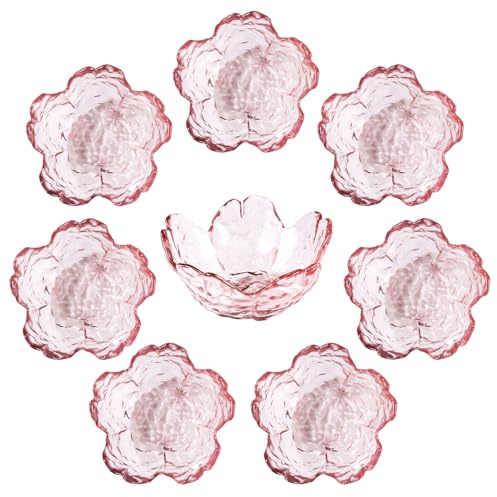 WHJY 8 pack Cute Sauce Dishes Glass Dish Set for Soy Sauce Snacks Tea Bag Mini Glass Bowls Clear Pink Cherry Blossom Soy Sauce Dishes