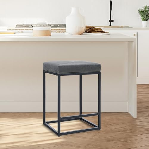 ALPHA HOME Barhocker, Counter Höhe Barhocker mit Fußstütze, Frühstück Bar Stuhl von Pu Leder Backless, Küche Essen Cafe Stuhl für Innen und Außen (Grau)