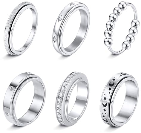 LOFITOR Anti-ångest-ringar, 6 stycken spinner-ringar, fidget-band-ringar för stress- och ångestlindring, för kvinnor och män, av rostfritt stål roller-ringset, CZ, måne och stjärna, guld-/silverfärg