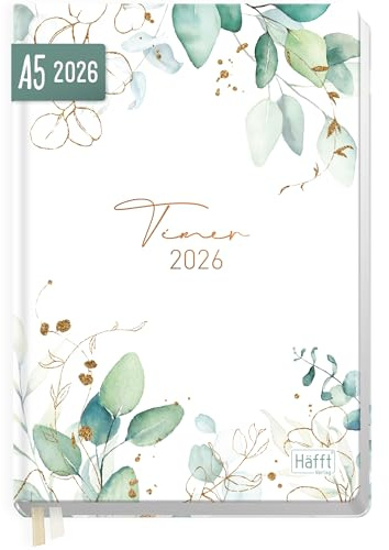 Häfft-Timer Buchkalender 2026 A5 Blattgold JANUAR - DEZEMBER 2026, Hardcover Kalender, Terminplaner für junge Erwachsene - nachhaltig & klimafreundlich