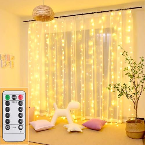 MUXIJIA 200LED Guirlande Lumineuse,3x2M USB Rideau Lumineux Noel Intérieur,8 Modes Dimmable avec Télécommande et Minuterie, Etanche Guirlande LED Decoration de Noël, Mariage, Fenêtre (Blanc Chaud)