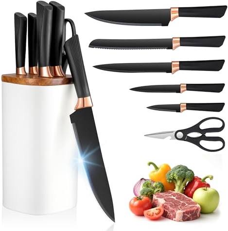 Makfoner 6-Slot Kitchen Knife Sets, Detachable Knife Block Set with Stainless Steel Knives, Plastic Base Wooden Lid Knife Set with Block, Heavy-Weighted and Anti-Slip Design for Space Saving