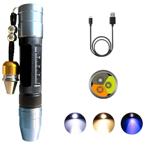 YZYOE LED Wiederaufladbare Drei Lichtquelle Jade und Schmuck Bewertung Taschenlampe, 365NM Ultraviolett Edelstein Jade Bienenwachs Detektor, Weiß, Gelb und 365 Lila Licht Taschenlampe.