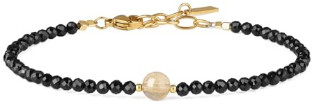 COAI Bracciale Minimalista da Donna con Perline Sfaccettate di Tormalina Nera e Citrino, Bracciale di Tormalina Nera da Donna