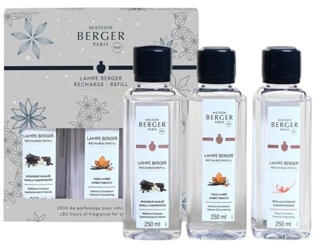 Lampe Berger - TrioPack Collezione Rosalie - Set 3 Flaconi da 250ml - Pètillance - Tabacco e Ambra - Vaniglia Splendente - in Elegante Confezione Regalo