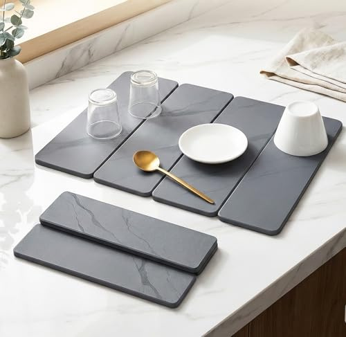 Large 4-Panel Stone Drying Mat for Kitchen Counter, 24×16 , Foldable Diatomaceous Earth Dish Drying Mat, Quick-Dry ,Premium PU Leather Backing, Non-Slip, Kitchen Essentials
