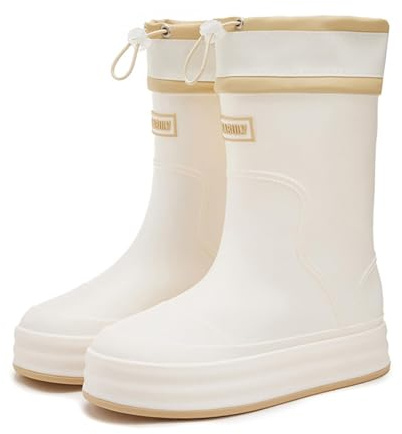 2026 - Zapatos de lluvia para mujer, uso exterior, cien arnés, boca acolchada, parte inferior gruesa, cómodas, antideslizantes, resistentes al desgaste, botas de goma para cocina, beige, 38 EU