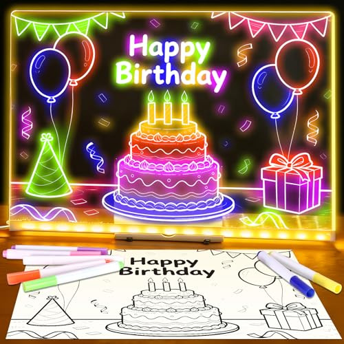 Tavola da disegno a LED, per bambini, con 15 fogli di carta da paura bifacciale (30 schizzi), 7 pennarelli a colori, supporto regolabile, lavagna con colori, lavagna per appunti creativa, giocattolo