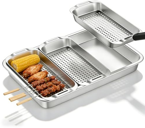 Set di 5 cestini per barbecue, vassoio per griglia in acciaio inox, vassoi per barbecue in acciaio, piccole griglie per barbecue a gas con estrattore di nebbia d'olio, accessori per barbecue con fori