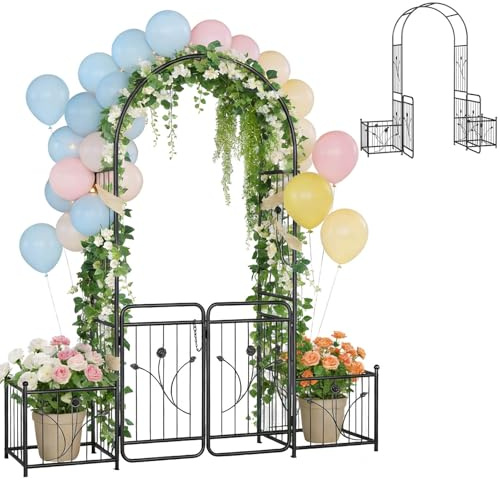Aufun Arco per rose con porta 220 cm, arco da giardino in metallo con traliccio e 2 fioriere, cancello da giardino, in acciaio verniciato a polvere, per piante rampicanti, matrimoni e giardini, nero