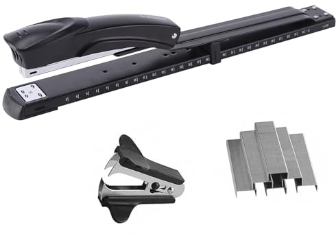 Long Reach Stapler,with 2000 Staples & Stapler Remover Full Strip，20-25 Sheet Capacity,with Built-in Ruler and Adjustable Locking Paper Guide, Black