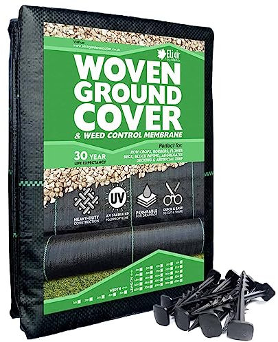 Elixir Gardens Heavy Duty Woven Weed Control Membrane | Landscape Fabric | 5m x 10m plus 10 pegs
