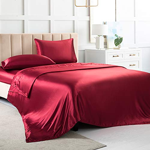 Satin lakan Queen lakan, rött siden, 4 delar mjuka sängkläder set med 1 djup ficka dra-på-lakan, 1 lakan, 2 örngott