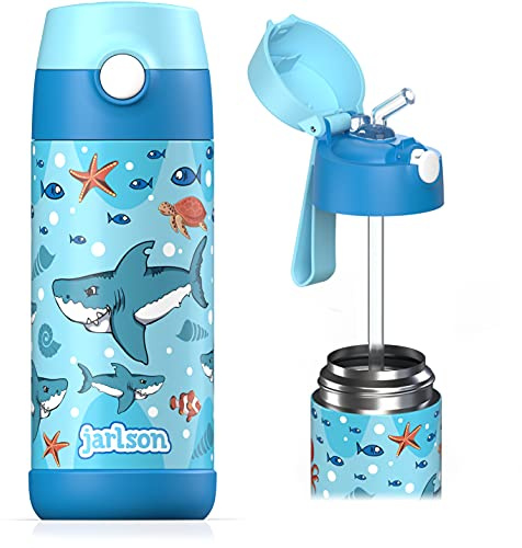 Jarlson Barnflaska i rostfritt stål - isolerad flaska för barn 350 ml - BPA-fria flaskor - med sugrör - för skola, sport och dagis (haj, 350 ml)
