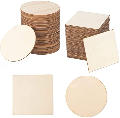 100 Pcs Unfinished Wood Pieces, 10x10cm Blank Nature Wood Slices Wooden Squares and Round Cutouts for Crafts, Painting, Coasters, Pyrography Art, Staining Burning, Christmas Home Decoration DIY