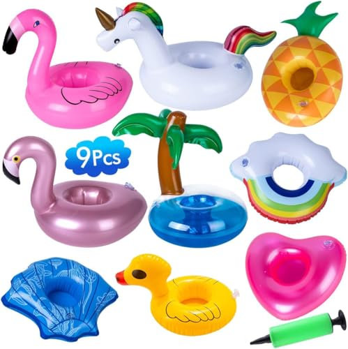 Porte-Boissons Gonflable, Fyvadio 9 pièces Porte Gobelet Gonflable avec Pompe à Air, Porte-Gobelet Flottant pour Bain, Porte-Gobelet Gonflable pour Fête de Piscine Familiale pour Enfants