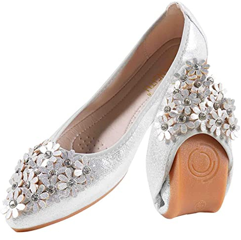 MACHSWON Ballet Flats for Women Comfortable Women's Flats Sparkly Flower Rhinestone Slip on Pointed Toe Flats Shoes Women(Silver, Size 8)