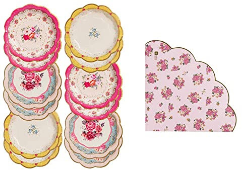 Talking Tables Pack of 12 (17cm) Disposable Tea Party Vintage Floral Pretty Paper Plates & TS5-SCALNAPKIN Pack of 20 (33cm) Floral Napkins for Afternoon Tea | Birthday Party | Baby Shower, Pink