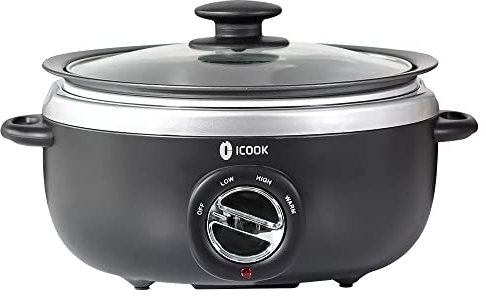 ICOOK 3.5 cuartos de galón de cocción lenta USC-35-OP001BK, olla de aluminio para saltar/estofado, apta para lavavajillas, tapa de cristal, temperatura ajustable, calentador de alimentos, negro