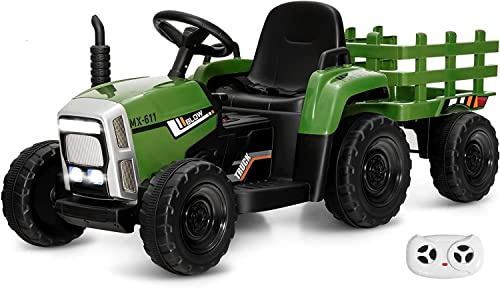 12V Ride On Tractor for Kids, 2 in 1 Battery Powered Wheels Toy with Detachable Trailer, Electric Vehicle with Parental Remote Control, 3-Gear-Shift, Music, USB, Bluetooth (Dark Green)