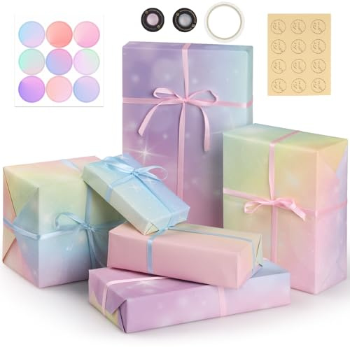 Bigqin 6 Hoja Papel de Regalo, 6 Pliegos 50 x 70 cm Papel de regalo + 2 colores 5m de Cintas + Pegatina Adhesiva, Papel Regalo Cumpleaños cielo estrellado degradado