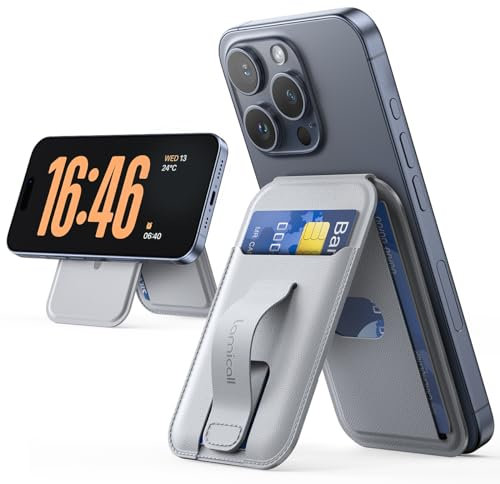 Lamicall Handy Kartenhalter für MagSafe Wallet - [Finger Griff Design] Vegan Leder Verstellbar Ständer, Leicht Karten Halter für 3 Karten, Magnetisch Wallet Halter für iPhone 17 16 15 Pro Max Plus Air