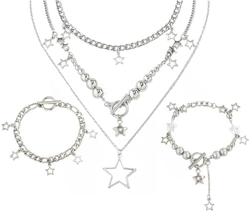 Salircon 2 Pieces Silver Star Necklace Y2K Jewelry Set Grunge Necklace Kawaii Cute Necklaces Aesthetic Vintage Emo Jewelry (Silver 1)