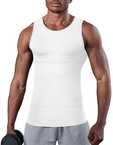 KOCLES Compression Shirt Men Slimming Undershirt Body Shaper Vest, Gym Workout Gynecomastia Compression Tank Top, Abs Abdomen Shapewear Tummy Control (Large, White)