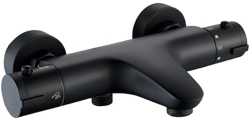 Mitigeur Douche Thermostatique Noir, Mitigeur Baignoire Thermostatique en Laiton, Robinet de Baignoire avec Thermostat Arrêt de Sécurité à 38°C, Mural Robinet de Douche avec 2 Sorties, Noir