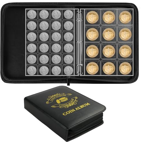 Vicloon Coin Collection Album, 20 Pages 420 Pockets Waterproof Coin Collection Holder Album with Zippered for Collectors, 35x35mm & 45x45mm Grid Holder for Pounds Pence Cents Dollars Nickel
