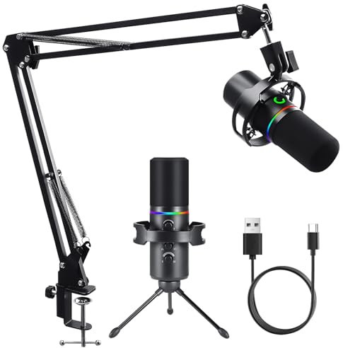 VIHBRAI USB Gaming Microphone Kit for PC PS5, Noise Cancellation Computer Condenser RGB Mic with Mute, Gain, Monitoring, Boom Arm, Pop Filter for Streaming Podcasts YouTube Discord, Plug and Play
