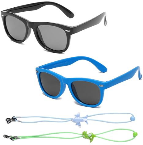 MDLSDE 2 Pairs Kids Polarized Sunglasses, Kids Sunglasses Boys Retro Eye Glasses with Adjustable Glasses Strap Silicone Frame UV400 Protection for Boys and Girls Toddlers Beach School Shopping Party