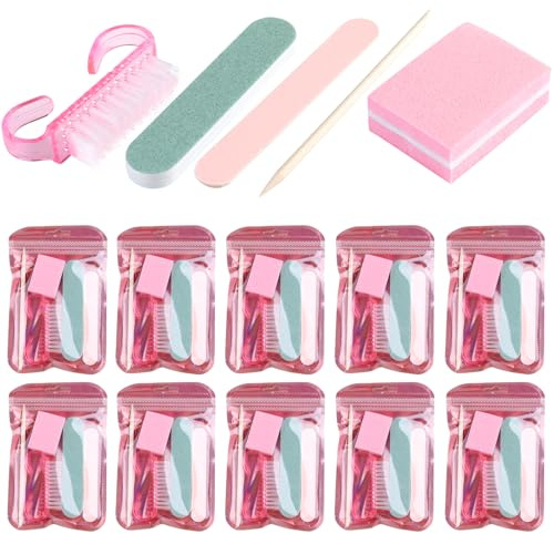 Fcozpjk Disposable Manicure Kit Basics 5PCS Nail Kit, Mini Nail Files Buffers Bulk Handle Grip Brush Orange Wood Stick Individually-Packed Pedicure Set for Fingernails Toenails Salon Supplies 10 Packs