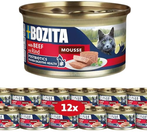 Bozita Mousse nötkött – 12 x 85 g våtfoder för katter i fin moussetextur med nötkött – kornfritt recept, utan tillsats av socker – med postbiotika för att stödja en hälsosam tarmflora