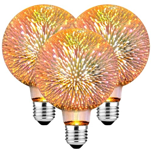 Bombilla Edison Vintage E27, E27 LED Vintage carcasa de vidrio de efecto fuegos artificiales 3D G80 3W bombillas retro LED decoradas, muy adecuadas para salas de estar, restaurantes, Navidad-3 pièces