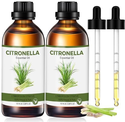 Huile essentielle de citronnelle 2 x 100 ml pour diffuseurs, huile parfumée, huile de citronnelle, huile de citronnelle pour l'aromathérapie, les massages, la fabrication de savons et de bougies