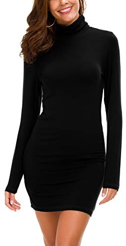 Mujeres Alto Cuello Manga Larga Elástico Mini Vestido Básico Sólido Sexy Fiesta Vestido(XL, Negro)