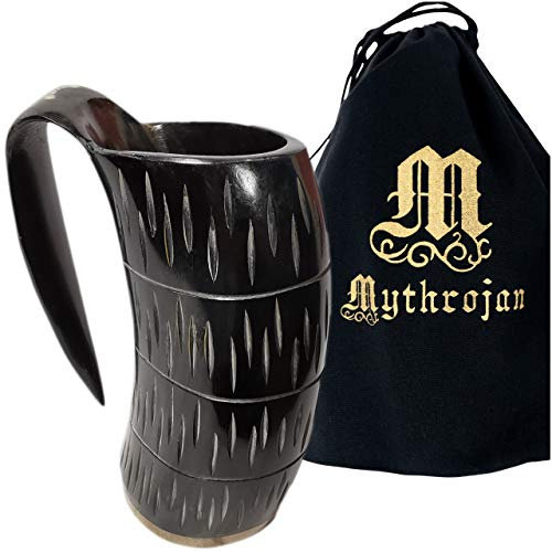 Mythrojan Viking Drinking Tankard with Medieval Buckle Leather Strap Wine Beer Mead Mug 600 ML - Polished Finish