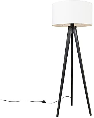 QAZQA - Modern Stehleuchte I Stehlampe I Standleuchte I Lampe I Leuchte Stativ schwarz mit Schirm weiß 50 cm - Tripod I Dreifuß Lampe I Dreifuss Classic I Wohnzimmer I Schlafzimmer - Holz Rund - LED g