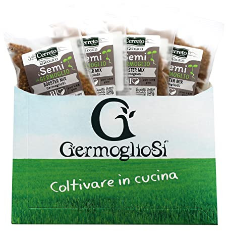 Semi da germoglio BOOSTER PACKS nr.4 conf. pronte all’uso da 28gr MISCELA di 5 tipologie di SEMI selezionati di Erba Medica Alfa Alfa, Trifoglio Crimson, Trifoglio Rosso, Crescione e Rucola