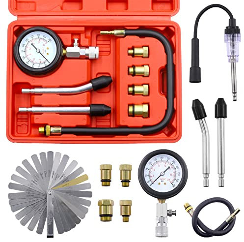 Swpeet 10Pcs Automotive Compression Tester Kit and Spark Plug Tester with Steel Metric and Imperial Feeler Gauge Assortment Kit, Universal Car and Motorcycle Engine Testing Tools