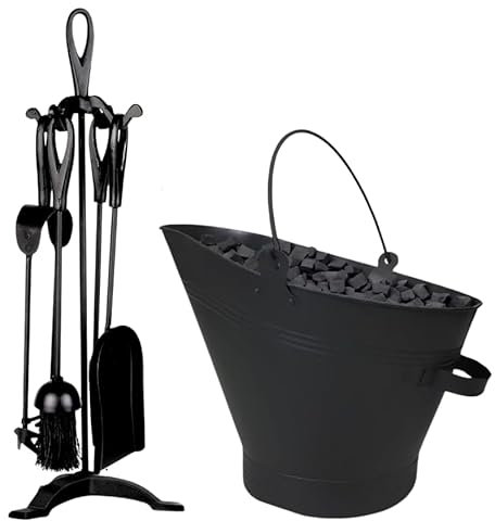 Trendi Black Waterloo Bucket Coal Log Fire Ash Scuttle Hod Fireside + Shovel with 5 Piece Cast Iron Loop Design Companion Set… (Companion Set + Bucket)