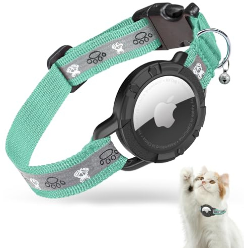 AirTag Katzenhalsband, Reflektierend Air Tag Halsband Katze, GPS Katzenhalsband mit Verstellbares und Glocke, Integriertes Apple Air Tag Katzen Halsband für Katzen Welpen (Grün, 9-13 Inch(23-33cm))