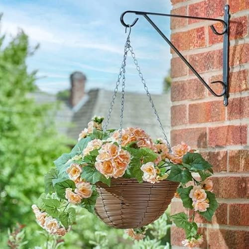 Garden Mile Pot de fleurs artificielles à suspendre de 30,5 cm avec panier en rotin, fausses fleurs bégonia, pot de fleurs à suspendre, décoration extérieure, grand panier en osier avec fleurs