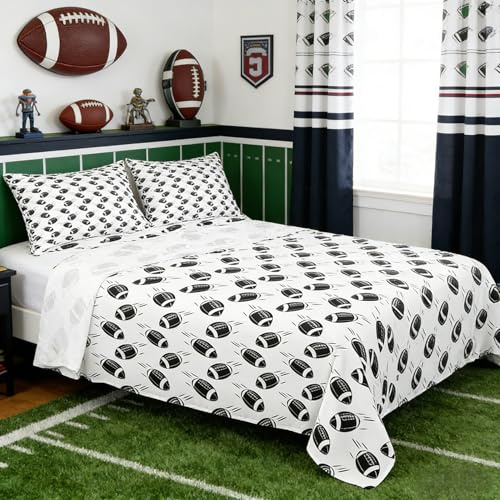 American Football Kids Sheet Full Size,Ball Sports Games Competition Bedding Set,Girls Boys Adults Room Decor,Cartoon Modern Fashion Black White Bed Sheet Set 4pcs(Fitted + Flat + 2 Pillowcases)