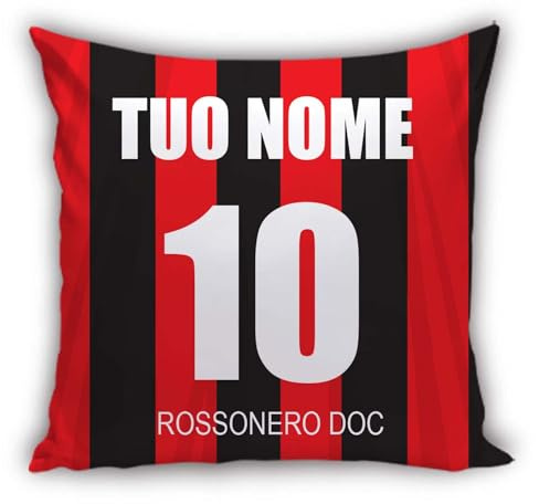 MOCHEIA SHOP Cuscino Calcio idea regalo Tifoso Milanista Personalizzato con Nome e Numero realizzato in ottimo poliestere misura 40x40 centimetri con chiusura Lampo