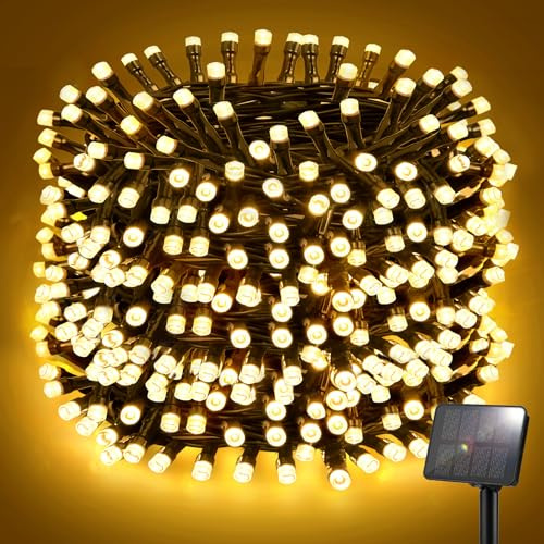 FFZZKJ - Ghirlanda luminosa solare per esterni - 12 m - 120 LED - Resistente alle intemperie - 8 modalità - IP65 - Impermeabile - Per giardino, terrazza, albero, cortile, feste - Bianco caldo